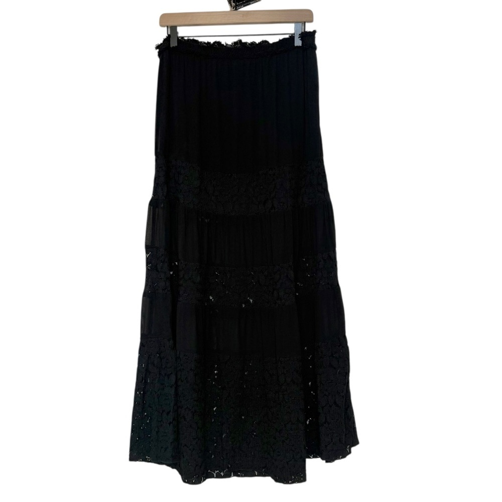 Black Maxi Skirt - Women's Tiered Lace Panel Design